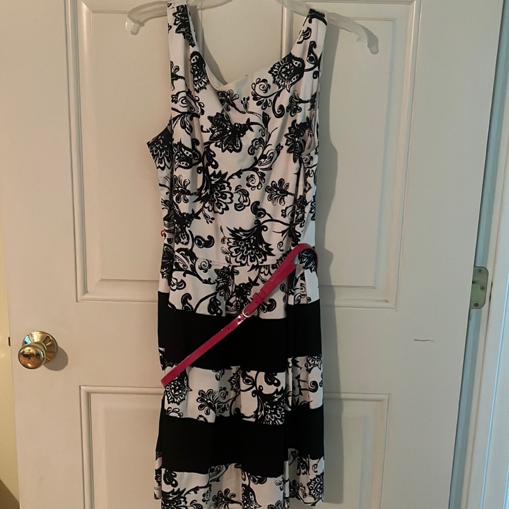 Sleeves Dress, Black and White Pattern with Pink Belt